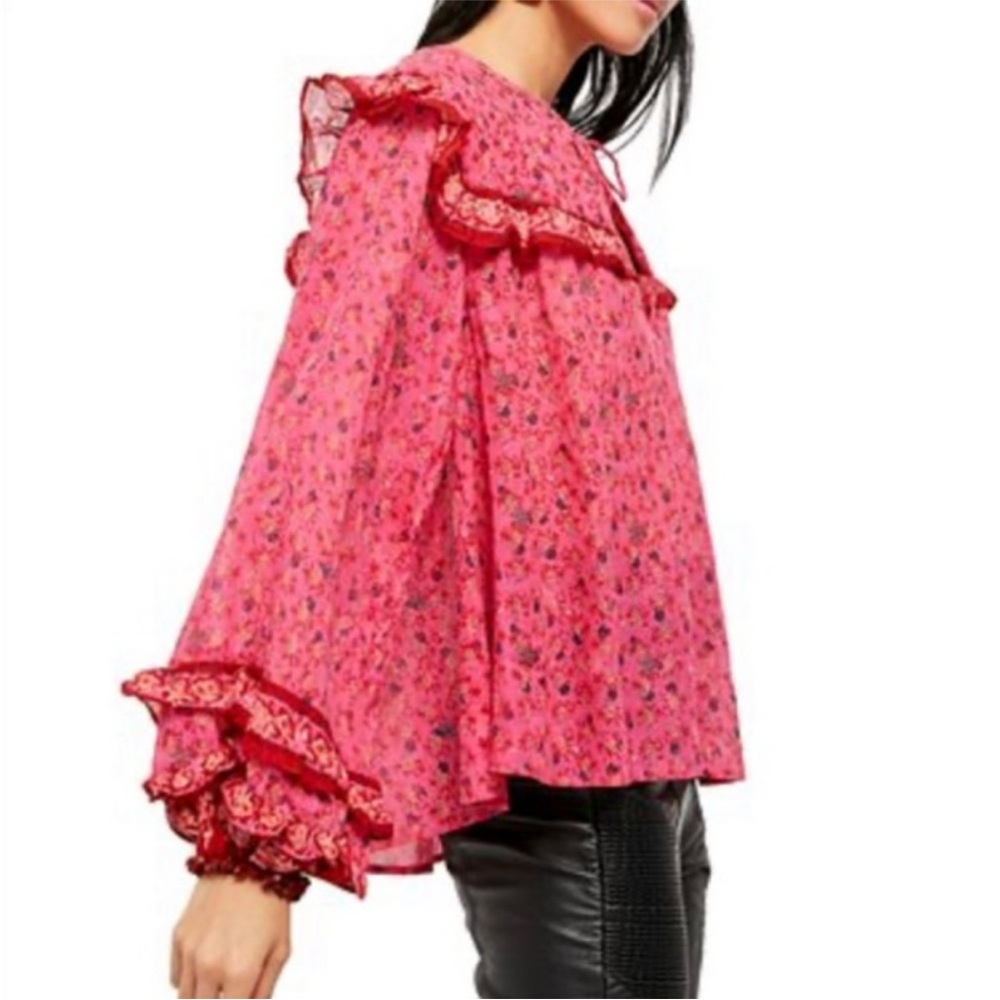 FREE PEOPLE Jenna Floral Ruffle Blouse Raspberry Red Flowy Feminine Size Small